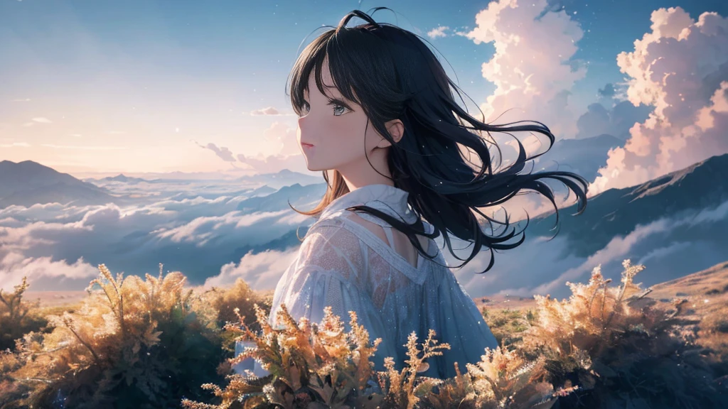 (masterpiece), (high resolution 8K),absurdity, high resolution, (official art, beautiful and aesthetic: 1.2), close view, sparkling sky, vast world,((1 girl)), staring, awe-inspiring expression, distant horizon, clouds, natural beauty, inspiration, light effect, wide shot, from afar,beautiful woman,