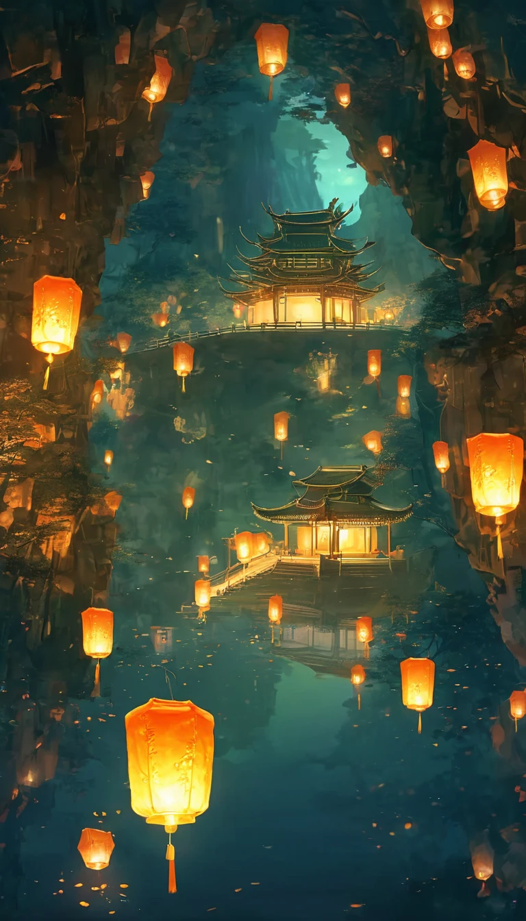 1.Place the river lanterns by the river，Underground tombs，Suspension，Cave，(((Kongming Lantern Wishing Lantern)))Many sky lanterns are lit on the water, floating lights, Lights and reflections, Glowing lights! Intermediate Metaverse Elements，number, glowing reflections, think. author：Shinkai Makoto, Water Lanterns, A quiet night. Digital Illustration, Beautiful Ambience, Night sky lights, Peaceful evening atmosphere, 美丽的number艺术作品, Low Detail. number, Beautiful Ambience