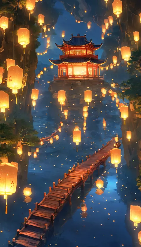 1.place the river lanterns by the river，underground tombs，suspension，cave，(((kongming lantern wishing lantern)))many sky lantern...