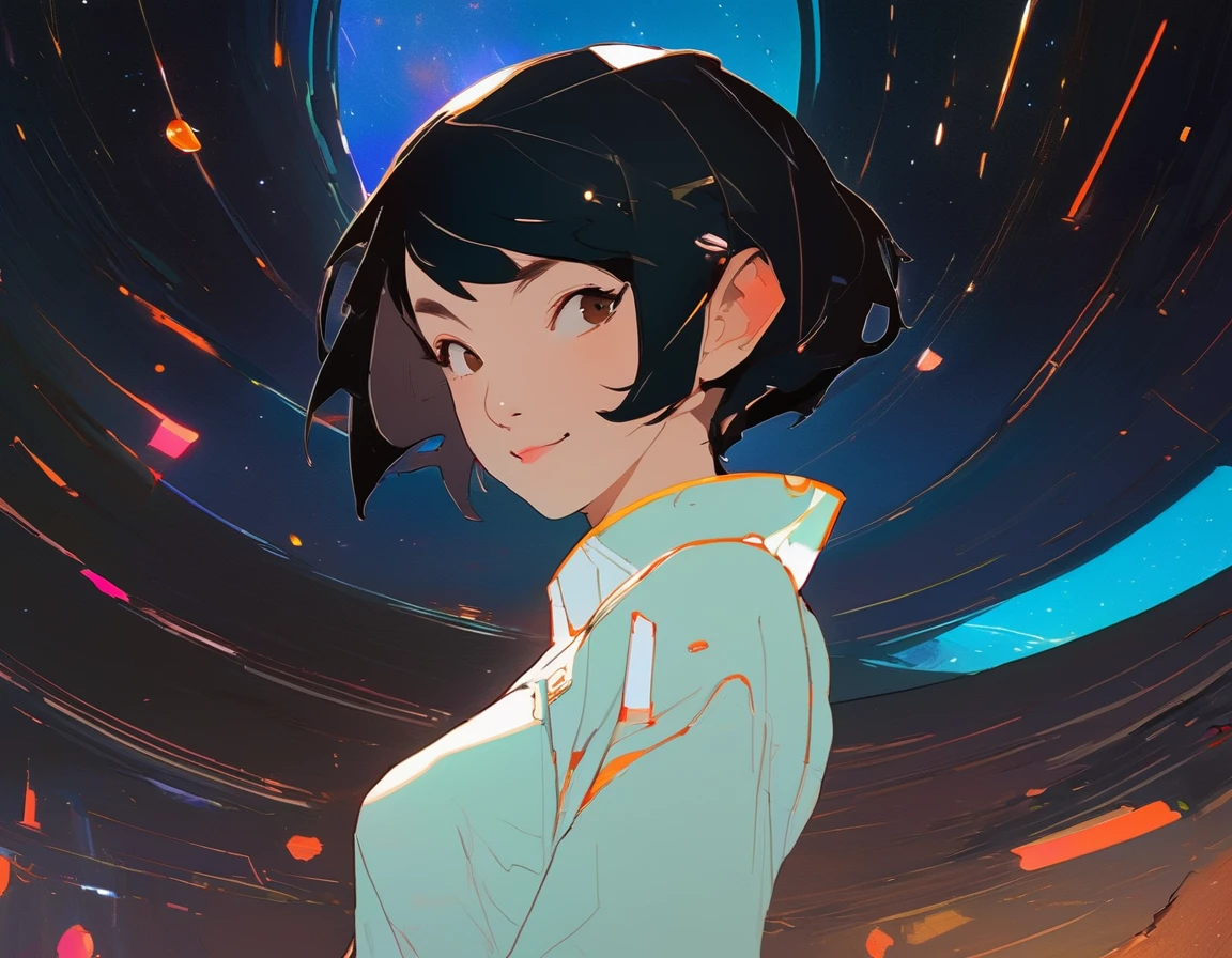 (masterpiece, best quality), androgynous person, short black hair, scifi spaceship background, utopia, playful wink, smiling, asian, 2D, facing the viewer, brown eyes