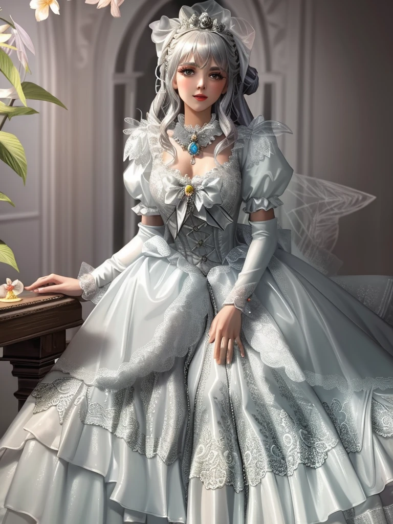 Close up portrait of woman in silver satin dress and white satin gloves, rococo dress, rococo queen, Victorian silver dress, rococo ruffles dress, dress in the style of rococo, fantasy dress, Lolita style, ethereal fairy tale, Icy Silver Dress, victorian dress, Lolita Fashion, magical dress, Full dress, fairycore, Belle Delphine