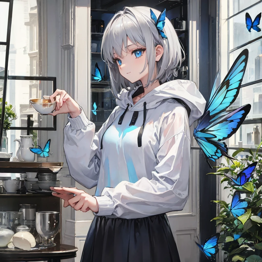 (((1 person　Gray Hair　Cafe　Window　blue eyes)))　((High resolution　short hair　hoodie　Black Skirt　Rin々Funny face))　((Close-up　Side view))　((Blue Butterfly　Asahi　Shining Aura　look out　Holding a cup　Drink coffee))　(smile　Bathed in light)　Shining Background　Shining Edge