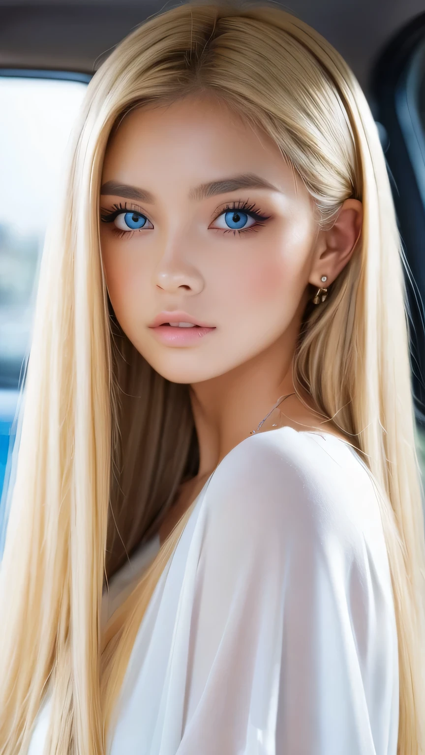 A woman with long blonde hair and blue eyes in a car - SeaArt AI