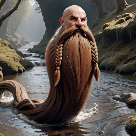 hyper realistic, UHD, 8k, , Harry_Dwarf,  medium shot, long braided moustache, bald, bangles, Jumping in a stream  