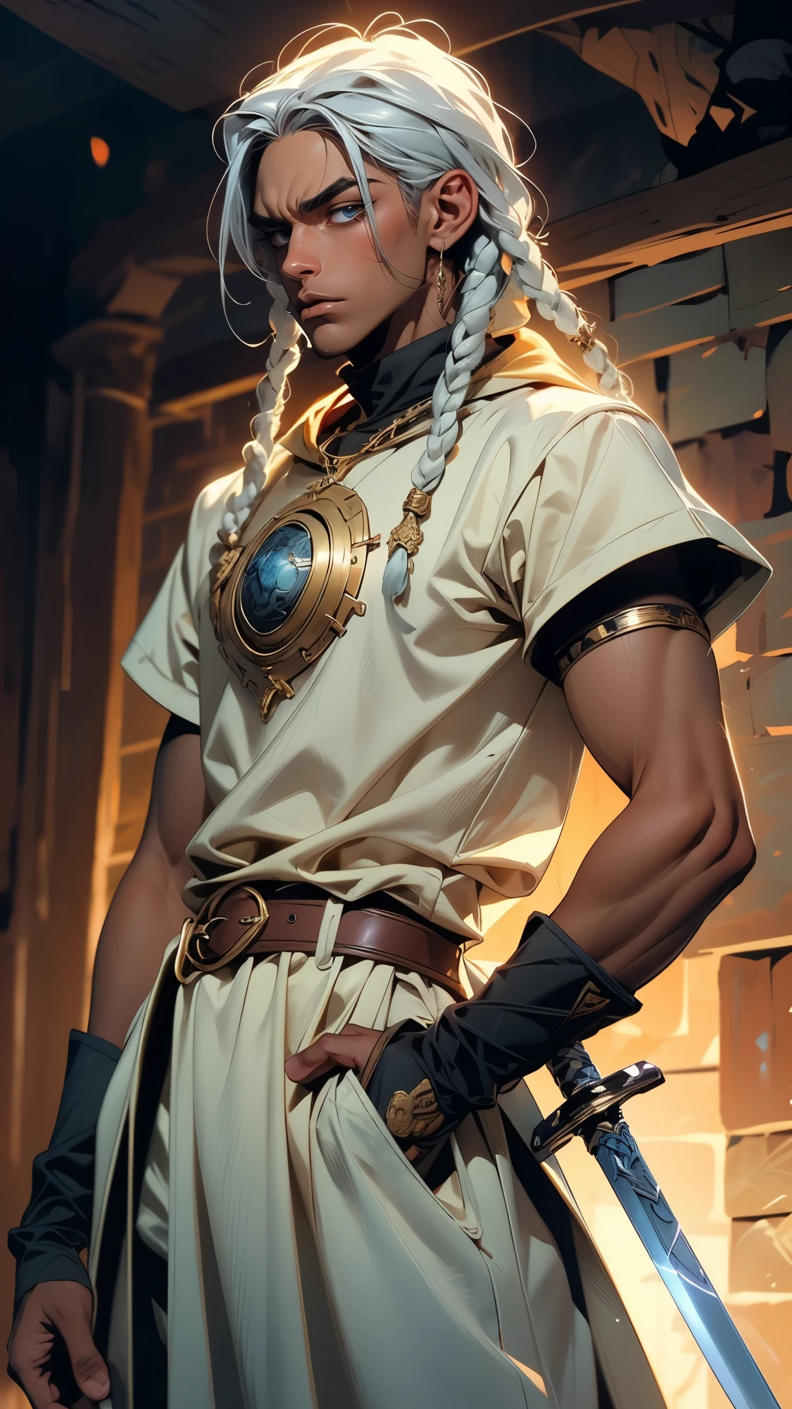 A young man with long white dreadlocks, dark skin, a melancholic expression, drooping eyelids and eyebrows, a lean face, a thin yet sturdy build, a tattered and ill-fitting light blue fantasy-style adventurer's shirt with short sleeves, revealing his abs, a silver breastplate on his left chest, a large sword is strapped to his back, a yellow belt, white coarse cloth trousers, stands nervously in a fantasy-style western town, this character embodies a finely crafted fantasy-style adventurer in anime style, exquisite and mature manga art style, dramatic, high definition, best quality, highres, ultra-detailed, ultra-fine painting, extremely delicate, professional, perfect body proportions, golden ratio, anatomically correct, symmetrical face, extremely detailed eyes and face, high quality eyes, creativity, RAW photo, UHD, 32k, Natural light, cinematic lighting, masterpiece-anatomy-perfect, masterpiece:1.5