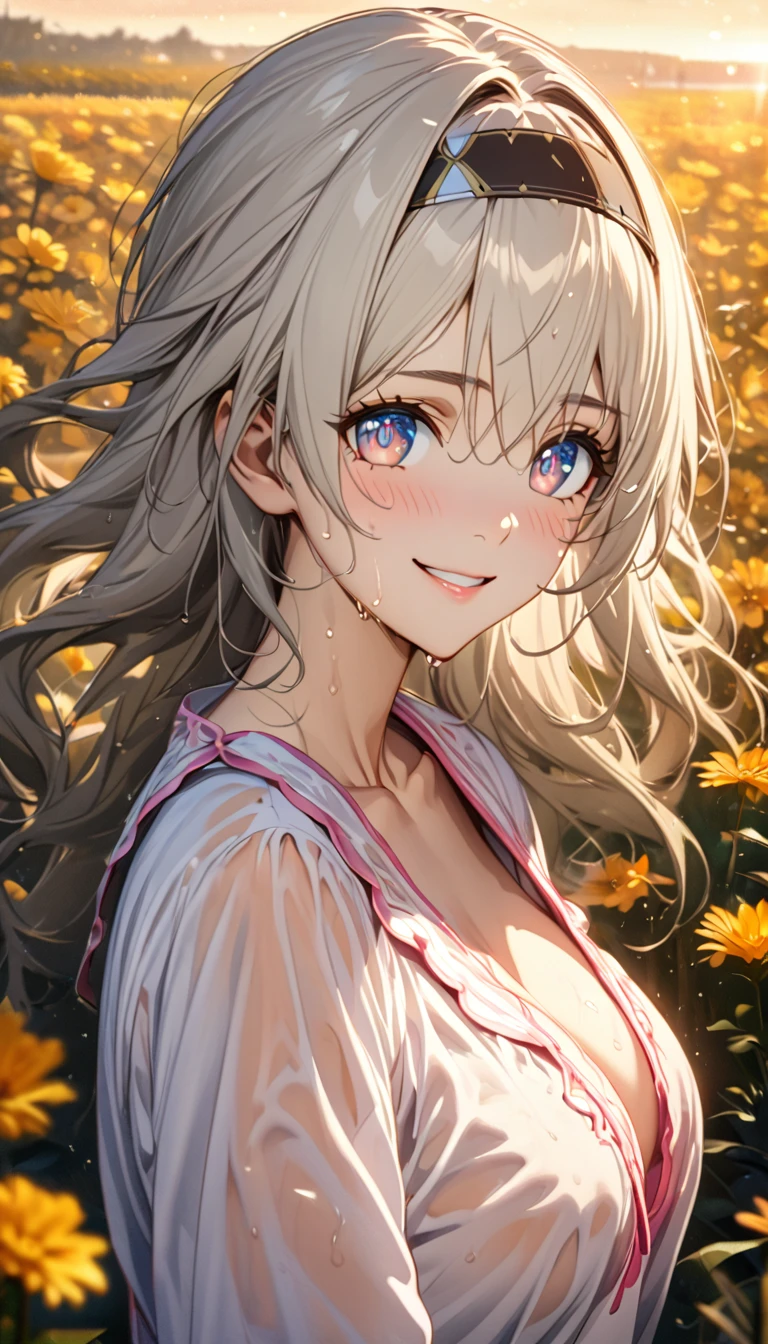 beautiful girl, long grey hair, beautiful face,smiling,close up to hips, beautiful breast, in the middle of flowers field, (open mouth:0.4),illustration,detailed textures(realists),ultra-detailed,portrait style,vivid colors,soft lighting, blushing, mature, hair fluttering, evening light , head band, half body, looking at viewer, cleavages, wearing beautiful night  sleepwear, no bra, perky, sweaty, wet clothes