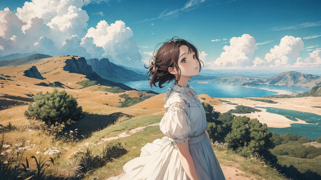 (masterpiece), (high resolution 8K),absurdity, high resolution, (official art, beautiful and aesthetic: 1.2), close view, sparkling sky, vast world,((1 girl)), staring, awe-inspiring expression, distant horizon, clouds, natural beauty, inspiration, light effect, wide shot, from afar,beautiful woman,
