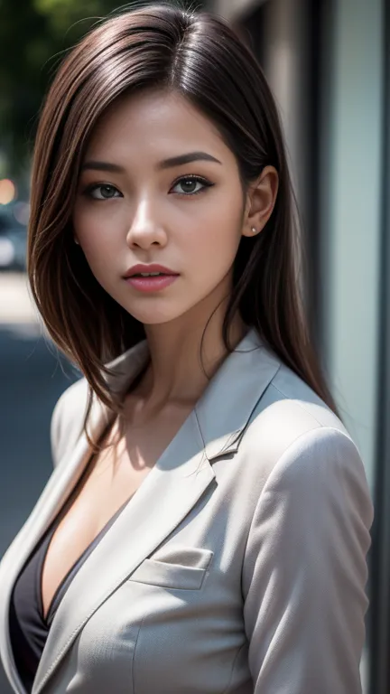 (8k, RAW Photos, 最high quality, masterpiece: 1.2), (Realistic, photoRealistic: 1.37), 1 Woman in a suit standing on the sidewalk...