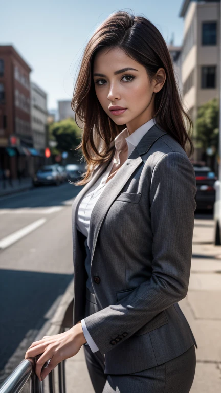 (8k, RAW Photos, 最high quality, masterpiece: 1.2), (Realistic, photoRealistic: 1.37), 1 Woman in a suit standing on the sidewalk, Cityscape, Day, Sunny Morning, Professional Lighting, Photon Mapping, Radio City, Brazilian Women, Torn, shirt, Woman in a suit, Silk Suit, masterpiece, 最high quality, high quality, High resolution, Big , ((Face close-up)),