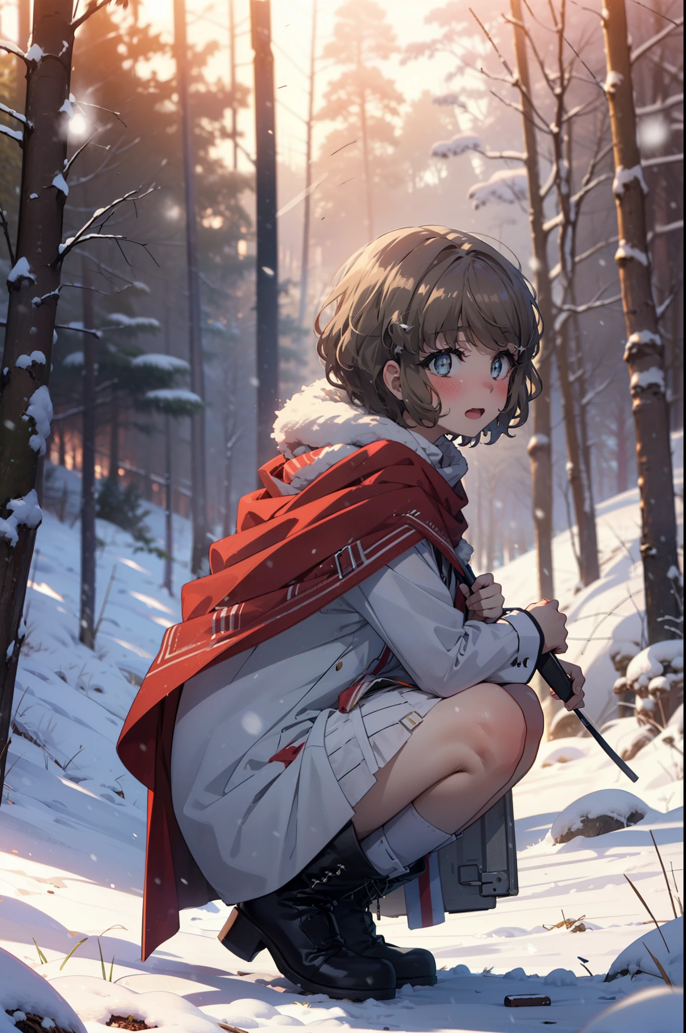 tomoekoga, Chie Koga, short hair, Brown Hair, blue eyes, hair band,smile,blush,White Breath,Medium Chest,
Open your mouth,snow,Ground bonfire, Outdoor, boots, snowing, From the side, wood, suitcase, Cape, Blurred, having meal, forest, White handbag, nature,  Squat, Mouth closed, Cape, winter, Written boundary depth, Black shoes, red Cape break looking at viewer, Upper Body, whole body, break Outdoor, forest, nature, break (masterpiece:1.2), Highest quality, High resolution, unity 8k wallpaper, (shape:0.8), (Beautiful and beautiful eyes:1.6), Highly detailed face, Perfect lighting, Highly detailed CG, (Perfect hands, Perfect Anatomy),