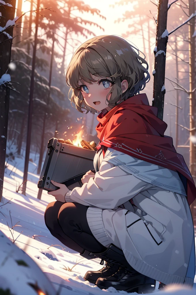 tomoekoga, Chie Koga, short hair, Brown Hair, blue eyes, hair band,smile,blush,White Breath,Medium Chest,
Open your mouth,snow,Ground bonfire, Outdoor, boots, snowing, From the side, wood, suitcase, Cape, Blurred, having meal, forest, White handbag, nature,  Squat, Mouth closed, Cape, winter, Written boundary depth, Black shoes, red Cape break looking at viewer, Upper Body, whole body, break Outdoor, forest, nature, break (masterpiece:1.2), Highest quality, High resolution, unity 8k wallpaper, (shape:0.8), (Beautiful and beautiful eyes:1.6), Highly detailed face, Perfect lighting, Highly detailed CG, (Perfect hands, Perfect Anatomy),