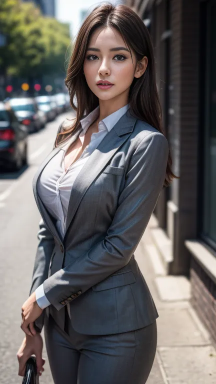 (8k, RAW Photos, 最high quality, masterpiece: 1.2), (Realistic, photoRealistic: 1.37), 1 Woman in a suit standing on the sidewalk...