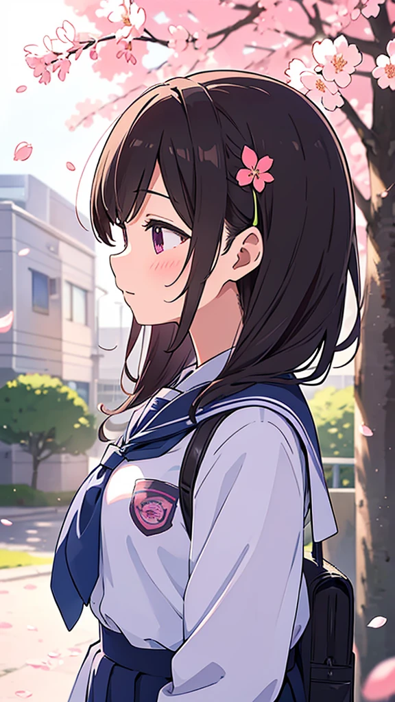 High school girls are excited about the start of a new school term　High school girl, upper body, side profile　The background is a school building with cherry blossom petals falling in the air.