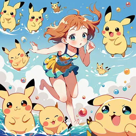 cute scene featuring pikachu practicing swimming, pikachu should be in a shallow pool or a calm body of water, looking determine...