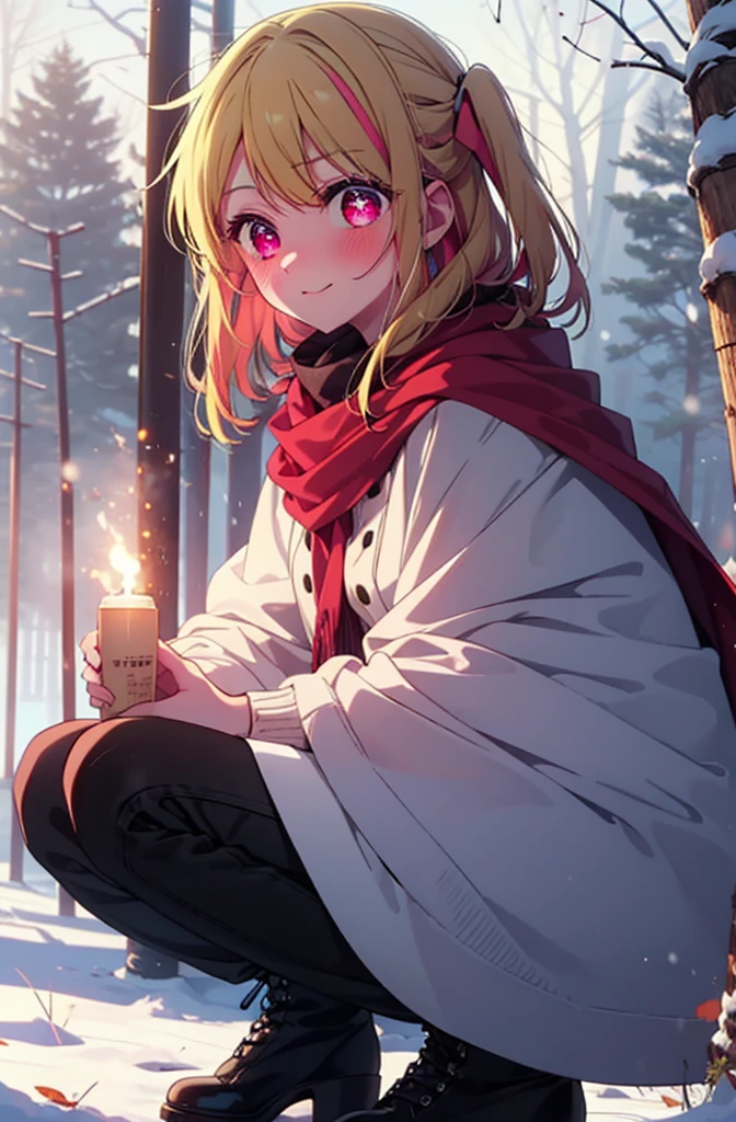 rubyhoshino, Hoshino Ruby, Long Hair, bangs, Blonde, (Pink Eyes:1.3), Side Lock, (Symbol-shaped pupil:1.5), Multicolored Hair, Two-tone hair, smile,,smile,blush,White Breath,
Open your mouth,snow,Ground bonfire, Outdoor, boots, snowing, From the side, wood, suitcase, Cape, Blurred, , forest, White handbag, nature,  Squat, Mouth closed, Cape, winter, Written boundary depth, Black shoes, red Cape break looking at viewer, Upper Body, whole body, break Outdoor, forest, nature, break (masterpiece:1.2), Highest quality, High resolution, unity 8k wallpaper, (shape:0.8), (Beautiful and beautiful eyes:1.6), Highly detailed face, Perfect lighting, Highly detailed CG, (Perfect hands, Perfect Anatomy),