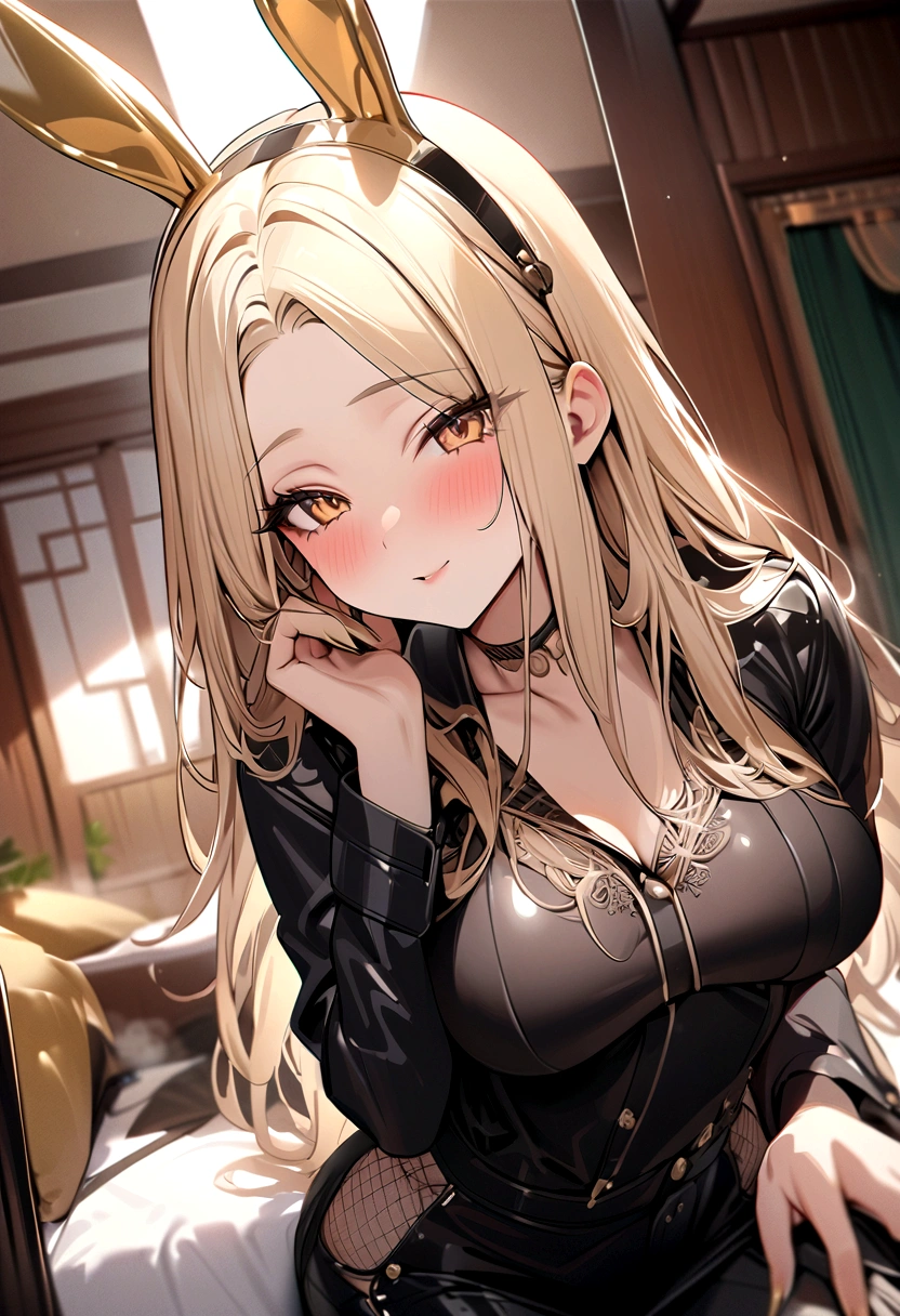 ((masterpiece)), ((best quality)), (ultra-detailed), ((extremely detailed)), 4K, (8K), black skin、Blonde、parted bangs 𝐬𝐡𝐨𝐫𝐭𝐜𝐮𝐭、Hot spring inn、Black leather jacket、Black Shirt、Black Skirt、Gold Bunny Ears