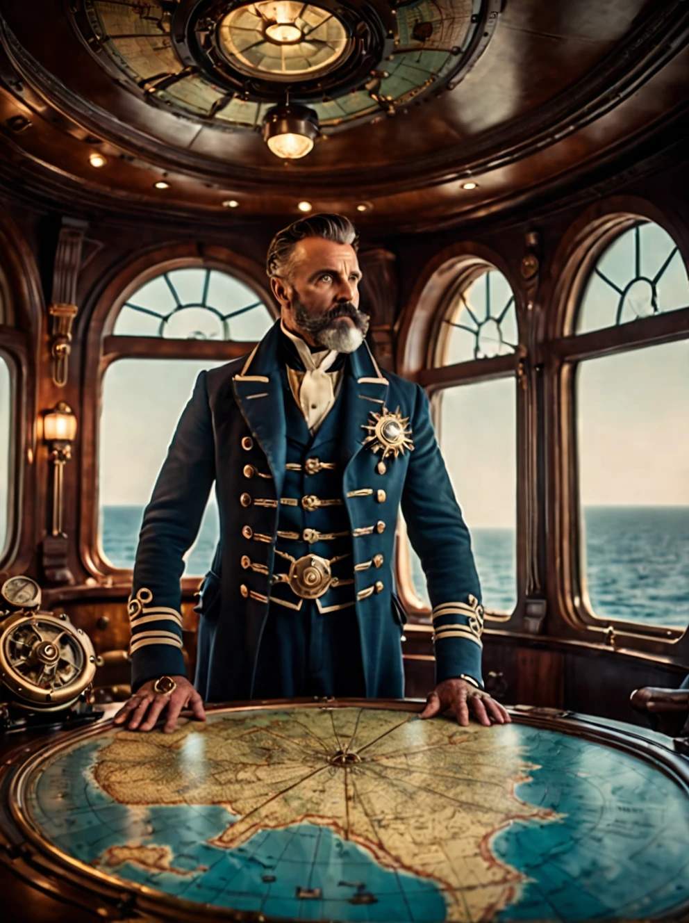 photo focus on male focus, indoors, realistic scenery, (captain nemo:1.1), retro-futuristic,  looking at a map, ocean map, steampunk nautilus-style. very wide shot, character photo portrait, film, professional, 4k