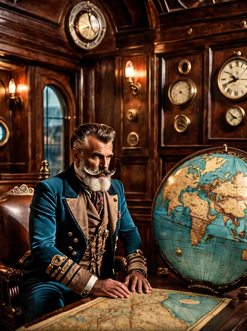 photo focus on male focus, indoors, realistic scenery, (captain nemo:1.1), retro-futuristic,  looking at a map, ocean map, steampunk nautilus-style. very wide shot, character photo portrait, film, professional, 4k