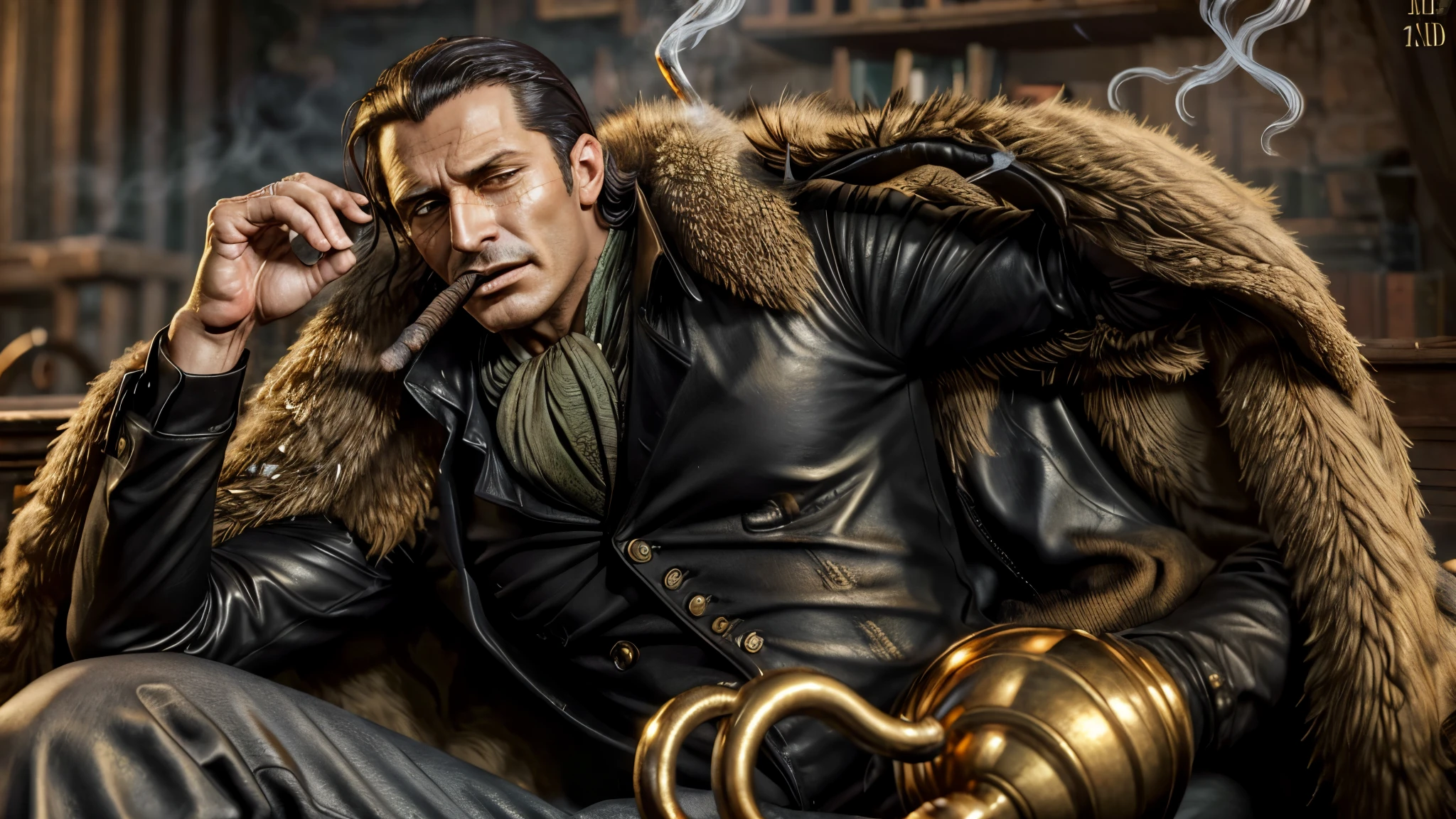 masterpiece, best quality, extremely detailed, hyperrealistic, photorealistic, a cool 40s man, ultra detailed face:1.2, fur-trimmed coat, scarf around the neck, his left hand is a golden pirate hook:1.1, cigar, smoke outraged, sitting, dynamic pose