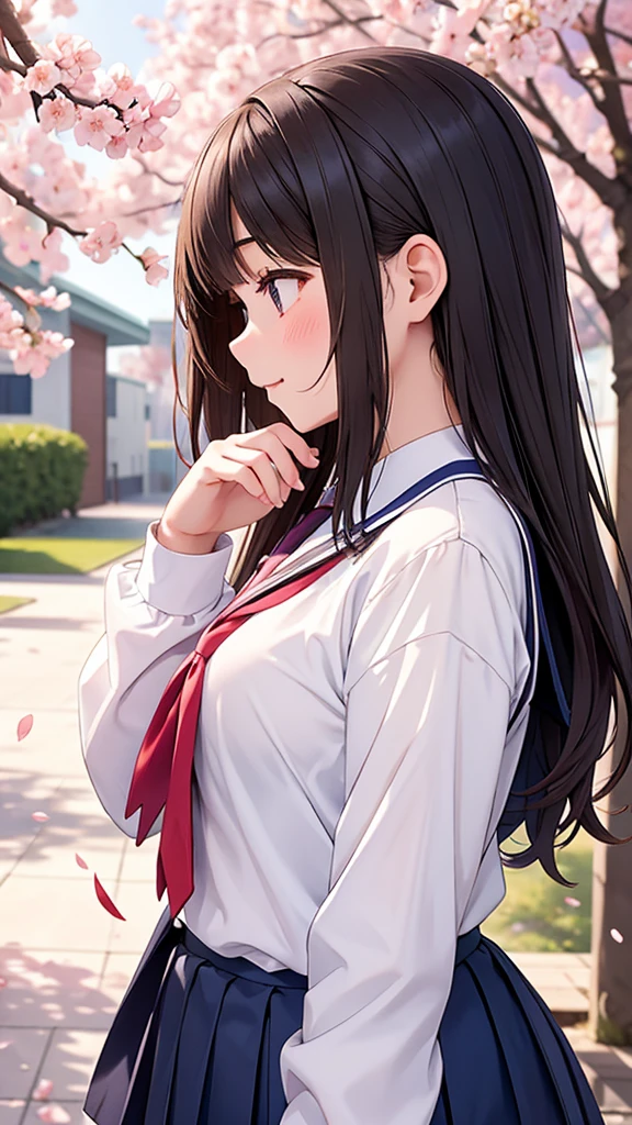 High school girls are excited about the start of a new school term　High school girl, upper body, side profile　The background is a school building with cherry blossom petals falling in the air.　The placement of the high school girls is slightly to the right