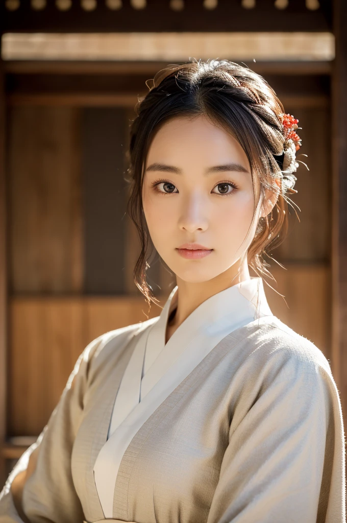 Medieval Japan, (8K, Raw-Foto, best quality, masterpiece:1.2),(realisti, foto realisti:1.4),(Hochdetailliertes CG Unity 8K-Hintergrundbild),(round face: 1.5), (detailed student:1.3),beautiful woman  ,(boy, but very beautiful 25-year-old Korean, whole upper body, medieval Japanese estate, dressed in samurai armor, Cool eyes, relaxed look, , Looking forward,looking at the camera,Unforgettable eyes,The eyes are so beautiful.) samurai armoury