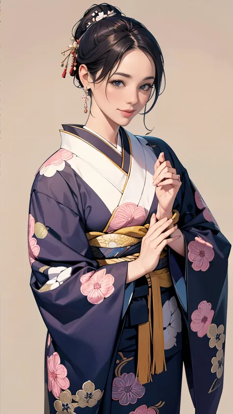 (masterpiece),(Highest quality),(Very detailed),(High resolution),8K,wallpaper,One Woman,Mature Woman,50 years old,Elegant,Beautiful female hands,Detailed depiction of the hand,(((whole body))),(Tied up hair),smile,(Black sleeves),(((The background is a Japanese pattern))),(kimono)