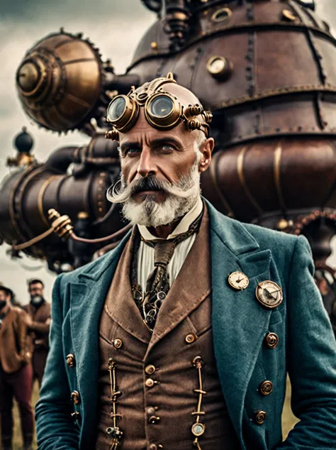 photo focus on male focus, outdoors, realistic scenery, (captain nemo:1.1), retro-futuristic,  tinkering with an antennae, steam...