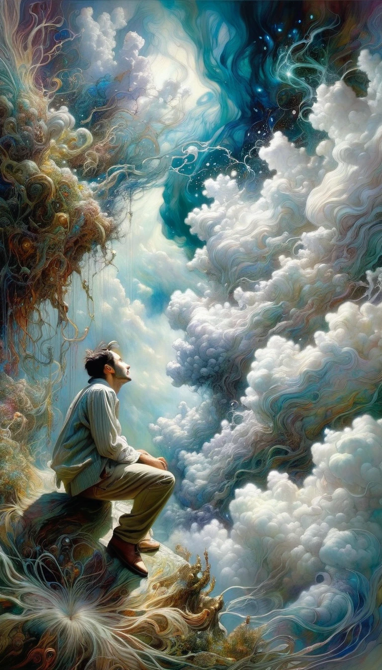 a man looks in amazement at a cloud (art inspired by Brian Froud and Carne Griffiths and Wadim Kashin, intricate details, oil painting)
