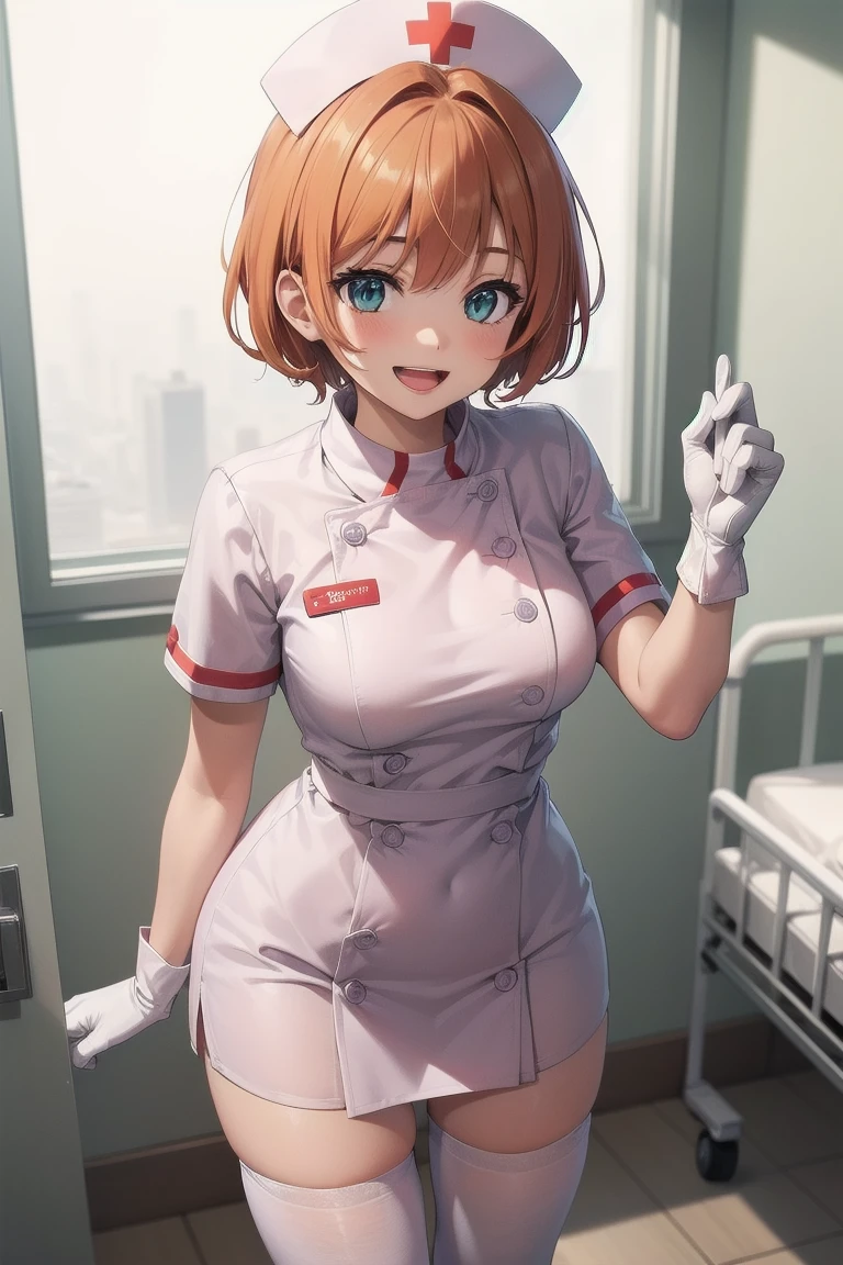 1girl, solo, nurse, nurse cap, white wear, ((white legwear, zettai ryouiki)), white gloves, very short hair, orange hair, smile, open mouth, standing, ((hospital room)), sharp outline, short sleeves, tomboy, boyish, best quality, masterpiece