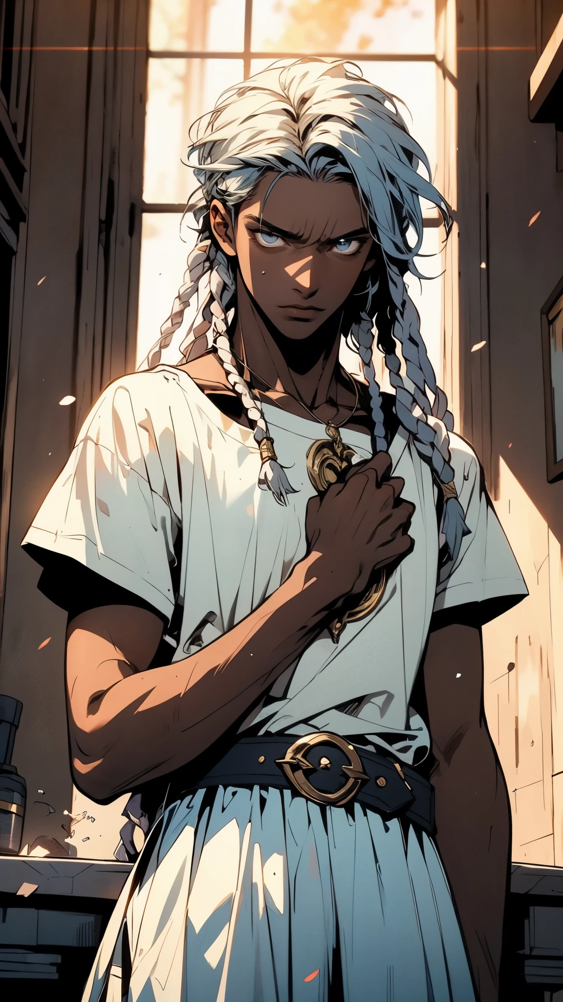 A young man with long white dreadlocks, dark skin, a melancholic expression, drooping eyelids and eyebrows, a lean face, a thin yet sturdy build, a tattered and ill-fitting light blue fantasy-style adventurer's shirt with short sleeves, revealing his abs, a silver breastplate on his left chest, a large sword is strapped to his back, a yellow belt, white coarse cloth trousers, stands nervously in a fantasy-style western town, this character embodies a finely crafted fantasy-style adventurer in anime style, exquisite and mature manga art style, dramatic, high definition, best quality, highres, ultra-detailed, ultra-fine painting, extremely delicate, professional, perfect body proportions, golden ratio, anatomically correct, symmetrical face, extremely detailed eyes and face, high quality eyes, creativity, RAW photo, UHD, 32k, Natural light, cinematic lighting, masterpiece-anatomy-perfect, masterpiece:1.5