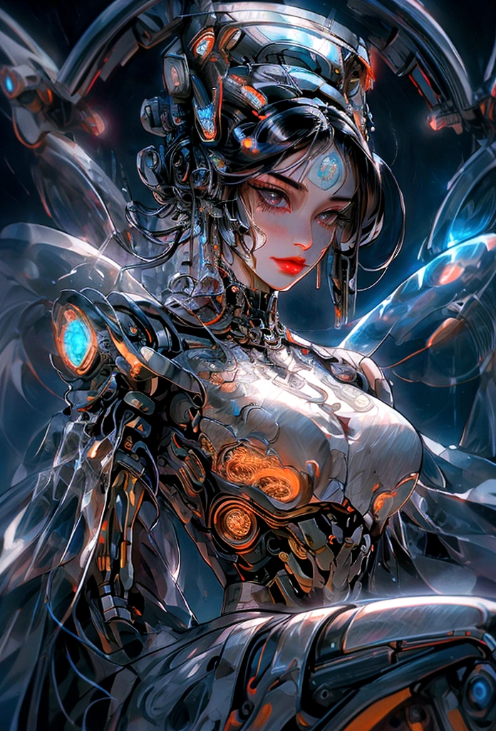 a beautiful woman with flawless skin, sitting on the giant head of a robot, smoking a cigarette, highly detailed face, mesmerizing eyes, elegant lips, long eyelashes, intricate futuristic cyberpunk robot, ornate mechanical details, complex gears and machinery, dramatic lighting, cinematic composition, photorealistic, award-winning digital art, vibrant neon colors, dark moody atmosphere, dynamic pose, ambient smoke effects