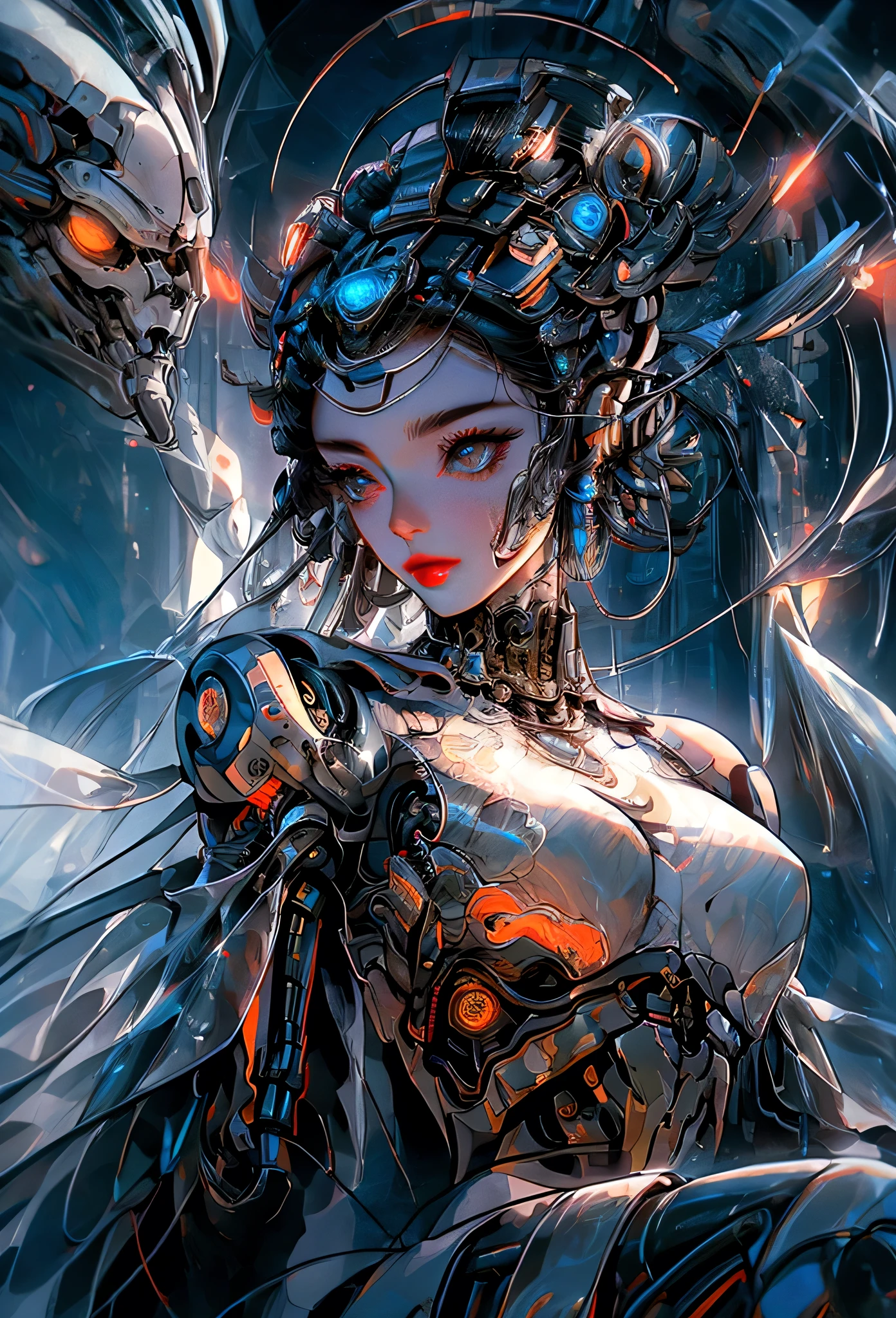 a beautiful woman with flawless skin, sitting on the giant head of a robot, smoking a cigarette, highly detailed face, mesmerizing eyes, elegant lips, long eyelashes, intricate futuristic cyberpunk robot, ornate mechanical details, complex gears and machinery, dramatic lighting, cinematic composition, photorealistic, award-winning digital art, vibrant neon colors, dark moody atmosphere, dynamic pose, ambient smoke effects