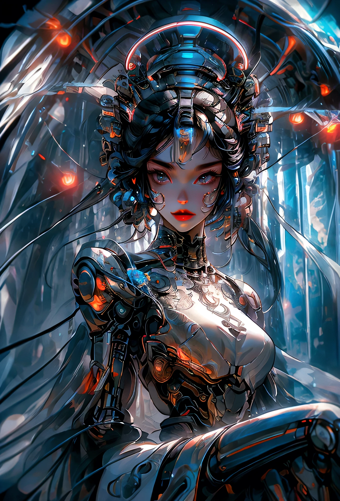 a beautiful woman with flawless skin, sitting on the giant head of a robot, smoking a cigarette, highly detailed face, mesmerizing eyes, elegant lips, long eyelashes, intricate futuristic cyberpunk robot, ornate mechanical details, complex gears and machinery, dramatic lighting, cinematic composition, photorealistic, award-winning digital art, vibrant neon colors, dark moody atmosphere, dynamic pose, ambient smoke effects