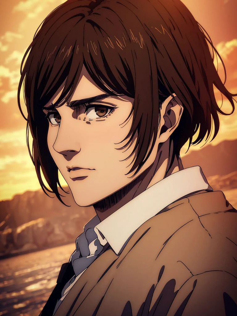 (best quality,4k,8k,highres,masterpiece:1.2),ultra-detailed,(realistic,photorealistic,photo-realistic:1.37), young man , mappa art style,  heart-shaped face,  almond brown eyes with positive canthal tilt , dark brown hair , his hair is medium styled , he looks handsome, he is fair, he looks very young,  sharp jawline, he is wearing black shirt