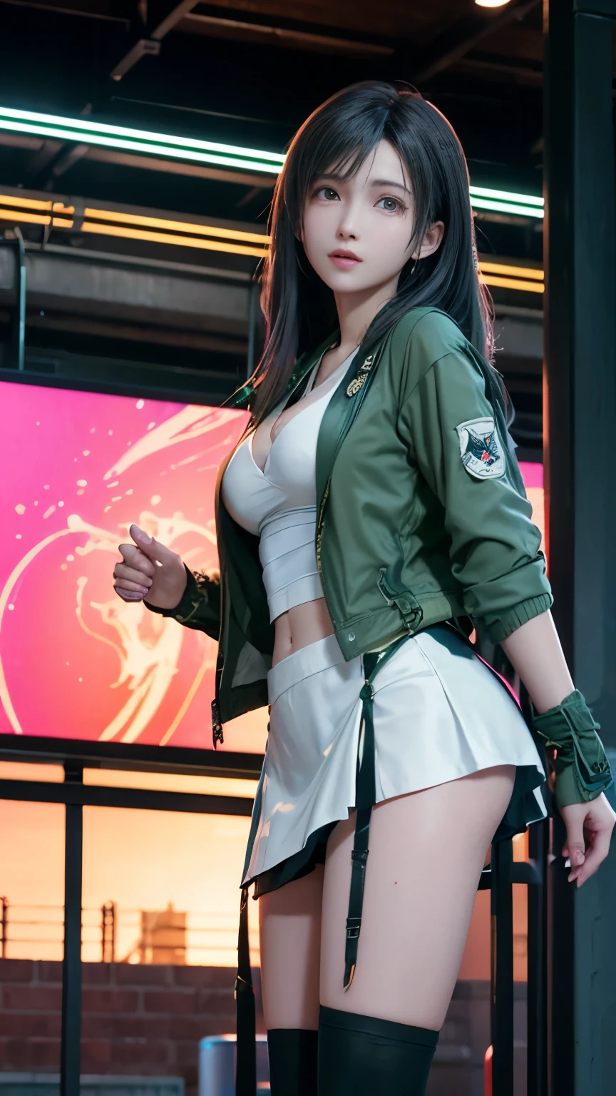 8K resolution, masterpiece, Highest quality, Award-winning works, unrealistic, tifa lockhart, 20-year-old, sexy college school girl, (black long hair:1.3), beautiful Perfect Face, Soft Skin, Perfect Face, Yasutomo Oka's painting style, 165cm tall, Three sizes are 92/60/88, (green jacket:1.5), white silk camisole, deep Cleavage, blue very long skirt with many pIeats, black garter belts, knee high socks, black pumps, details, Splash screen,Sharp eyes, crystal blue eyes, pink lips, BREAK, White Silver, dynamic sexy poses, Sweat, Strong winds, standing alone on station platform, waiting for train coming, Osaka Japan