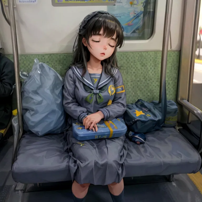 Create 3D Pixar-style cartoon scenes,,Wearing a sailor uniform,The girl in front of me,Sitting and sleeping on a train,The girl ...