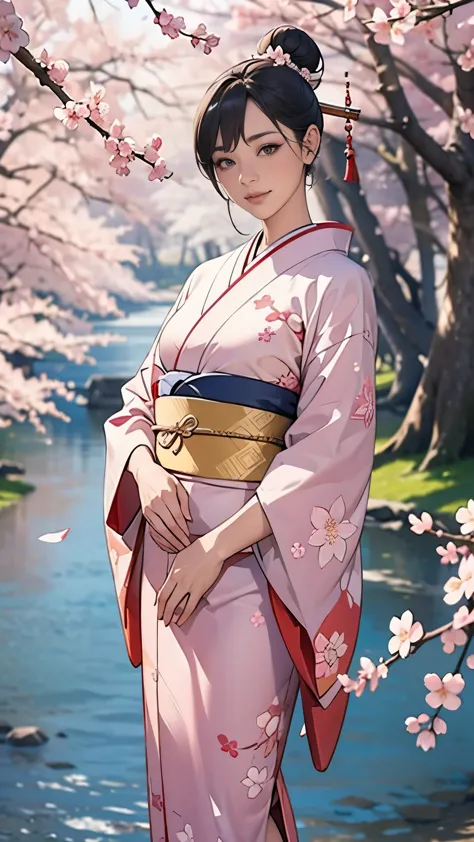 (masterpiece),(Highest quality),(Very detailed),(High resolution),8K,wallpaper,One Woman,A woman is standing,Elegant,Kimono photo shoot,(((whole body))),(hair bun),smile,(Beautiful long-sleeved kimono),(((The background is a cherry blossom pattern.))),((kimono))