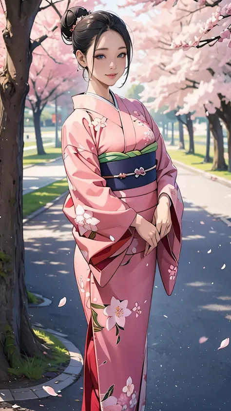 (masterpiece),(Highest quality),(Very detailed),(High resolution),8K,wallpaper,One Woman,A woman is standing,Elegant,Kimono photo shoot,(((whole body))),(hair bun),Laugh with your mouth closed,(Beautiful long-sleeved kimono),(((The background is cherry blossoms.))),((kimono))