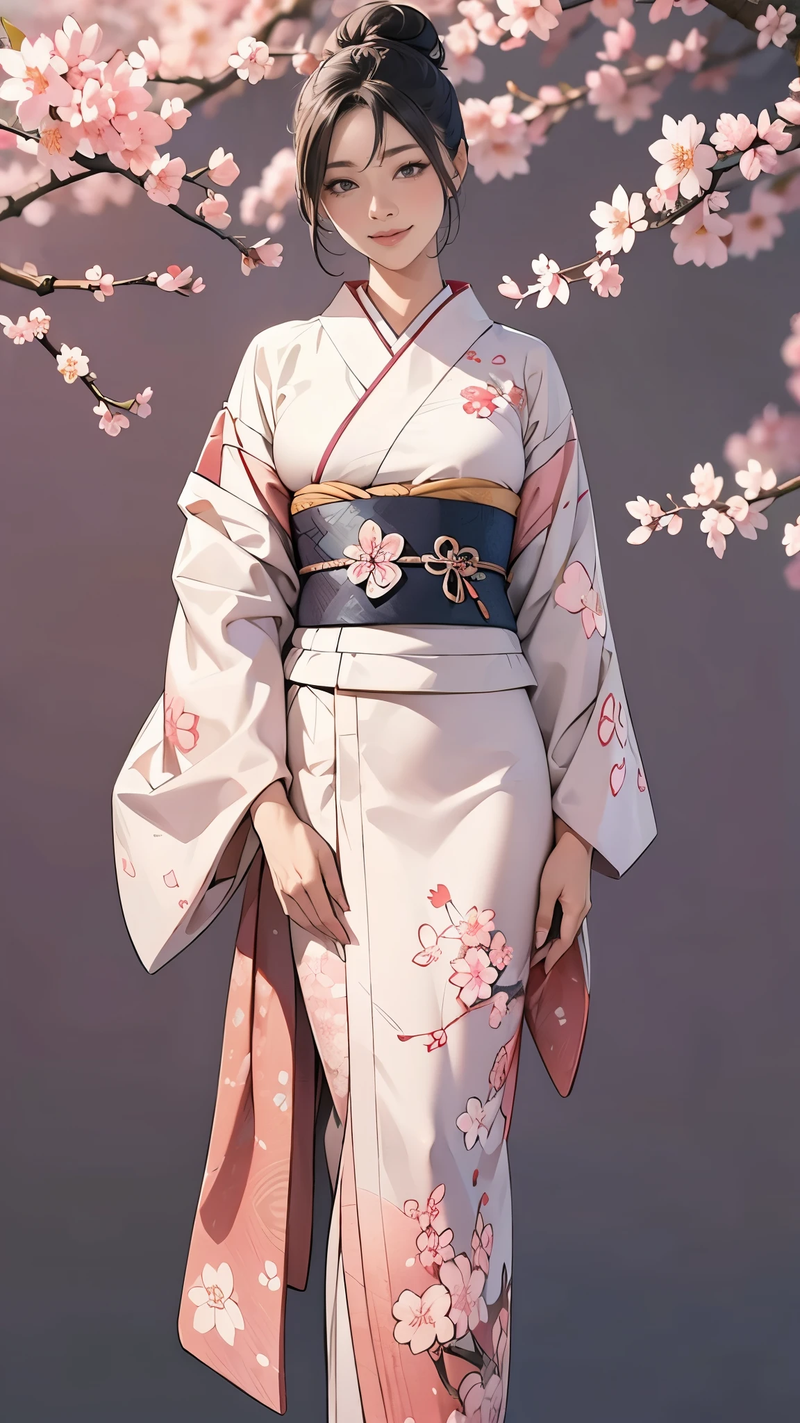 (Obra maestra),(de la máxima calidad),(Muy detallado),(alta resolución),8k,fondo de pantalla,Una mujer,Una mujer está de pie,Elegant,Sesión de fotos con kimonos,(((todo el cuerpo))),(Moño),sonrisa,(Hermoso furisodio con estampado japonés.),(((El fondo es un patrón de flor de cerezo..))),((kimono))