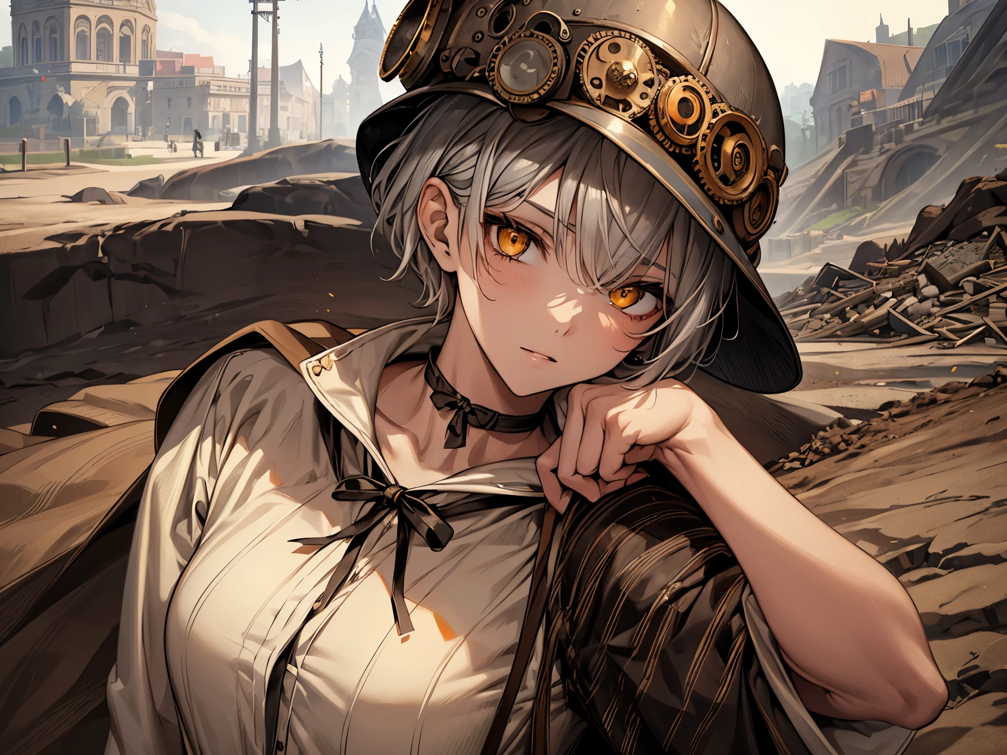 masterpiece, Highest quality, Perfect Face, Highest Resolution, Highest quality,Detailed depiction of the eyes, 1 girl, young, slender body, Short, deep tan skin, slate gray hair, short hair, upturned eyes, Yellow Orange eyes, Perfect Anatomy, steampunk, ribbon choker, helmet, Work clothes, mine, pit road, Excavation, is investigating