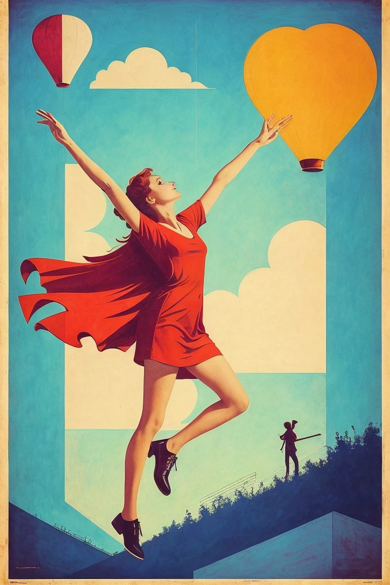 chef-d&#39;œuvre, la plus haute qualité, Images fixes du film, Une fille, flottant dans le ciel, nuage, Affiches vintage, rétro, (fermer:1.1), brillant, heureux, amusant, éclairage doux, (Bauhaus, forme, doubler, Abstrait:1.1)
