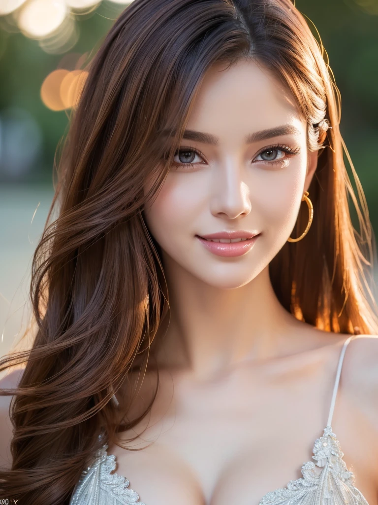 beautiful woman, narrow waist, perfect figure, beautiful eyes, long eyelashes, lustrous lips, perfect body, beautiful skin, (best quality,4k,8k,highres,masterpiece:1.2),ultra-detailed,(realistic,photorealistic,photo-realistic:1.37), cinematic scene, beautiful smile, fashion model, long chestnut hair, attractive clothing, beautiful ornaments