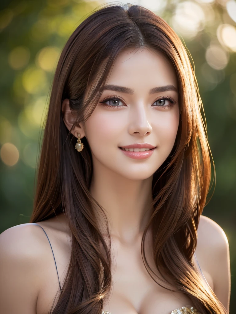 beautiful woman, narrow waist, perfect figure, beautiful eyes, long eyelashes, lustrous lips, perfect body, beautiful skin, (best quality,4k,8k,highres,masterpiece:1.2),ultra-detailed,(realistic,photorealistic,photo-realistic:1.37), cinematic scene, beautiful smile, fashion model, long chestnut hair, attractive clothing, beautiful ornaments