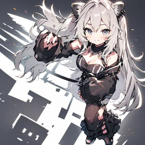 absurdres, highres, best quality,  Botan, black top, fur-trim, oionlion ears, messy hair, skirt, messy hair, grey eyes, grey hai...