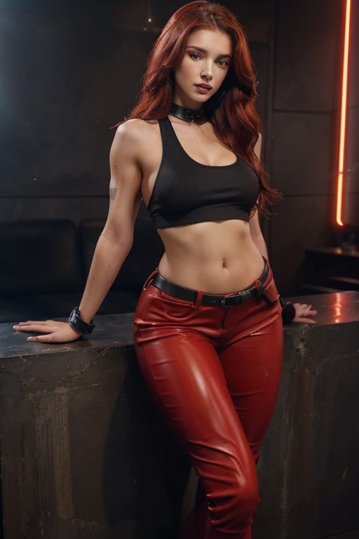 a cool place，a 20 year old woman，Red hair with long red wavy hair.，tight leather pants，cross belt，Navel ejection，thong outside pants, tank tops，gorgeous，With piercing eyes，Realistic illustrations expressed with finesse.、Alone、Chapped lips、see the viewer、Realistically expressed skin texture., strip club background