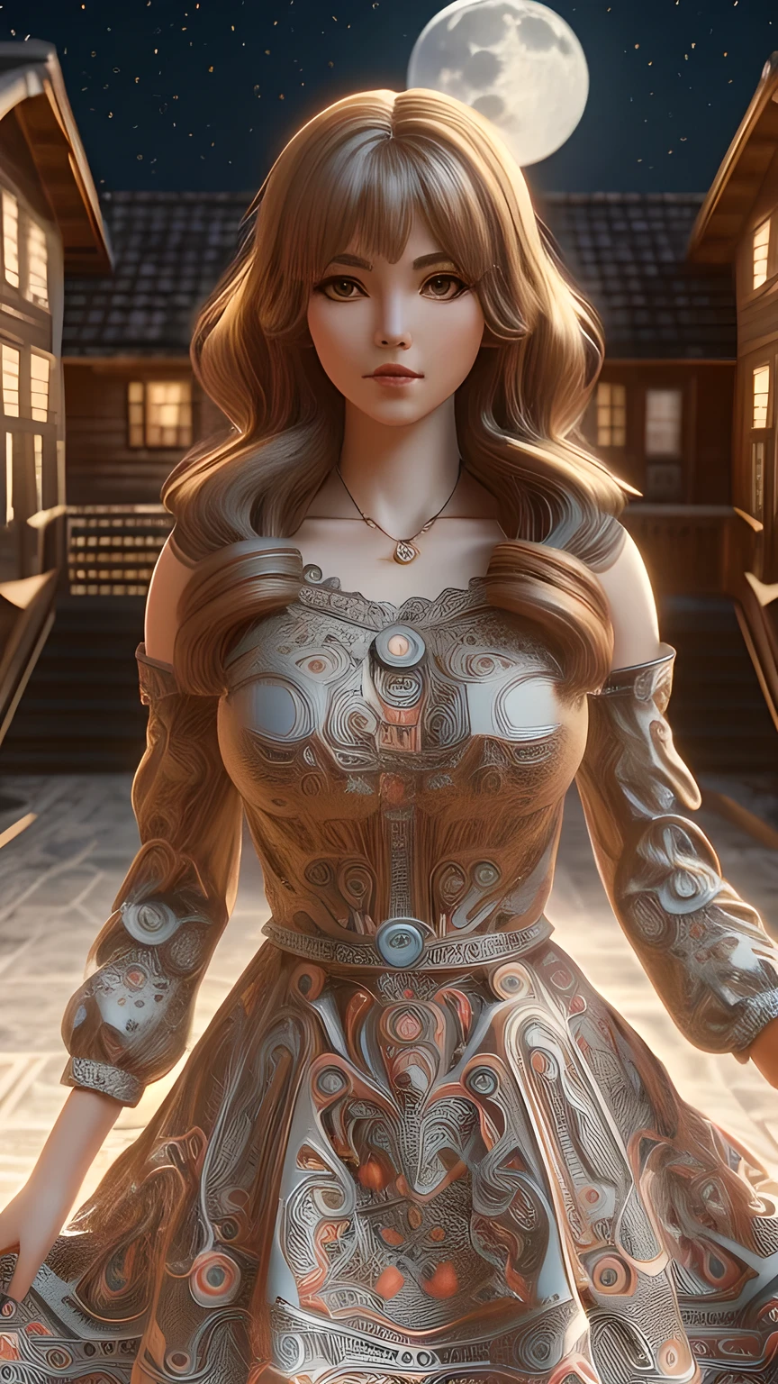 3d beautiful girl icon of (Woman, solo, house, cute, ((stunning background)), intricate, high detail, 8k, loose hair, (fascinset art style:1.3)), anime hyperrealistic 3d, cel shaded, painterly style, digital art, masterpiece, night sce, orangesheethdress, background full moon howling wolf