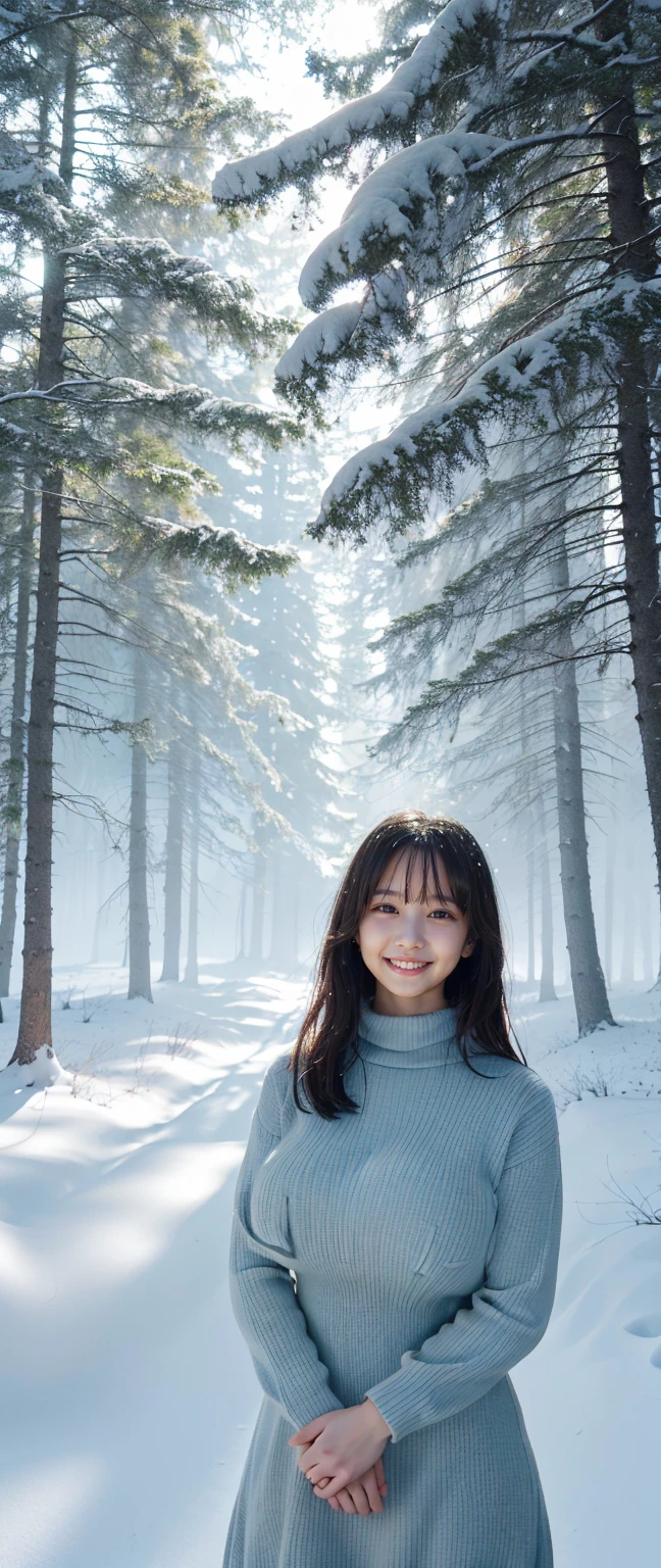 (de la máxima calidad、obra maestra、8K、mejor calidad de imagen、Hyperrealism、Obras premiadas)、1 chica、(niña de 10 años:1.1)、(alone:1.1)、(1 foto:1.1)、(El vestido suéter de punto de cuello alto ajustado perfecto:1.1)、(De pie elegantemente:1.1)、(En un misterioso bosque nevado:1.1)、(Misterioso y hermoso paisaje nevado.:1.1)、(Ha caído mucha nieve:1.1)、(niebla misteriosa:1.1)、(Un fantástico y hermoso bosque nevado:1.1)、(madera々Hermosa luz del sol brillando a través de los huecos:1.1)、(Efecto Tyndall:1.1)、(Él&#39;Está nevando mucho:1.2)、(tormenta de nieve:1.1)、Espectacular iluminación de cine、(nieve hermosa brillante:1.2)、(El delicado resplandor de la nieve:1.2)、(Foto de cuerpo entero de una mujer de pie con gracia.:1.1)、(Acentúa las líneas de tu cuerpo:1.1)、(piernas gruesas:1.3)、(cuerpo glamoroso:1.3)、(Pechos muy grandes, más grandes que una cara.:1.85)、(gran culo:1.3)、(longitud baja:1.2)、(Altura: 140cm:1.2)、anatomía precisa、maquillaje perfecto、Pestañas largas、labios brillantes、Piel brillante Ultra HD、(Ultra Alta Definición, Piel brillante y hermosa:1.1)、超高精細のlabios brillantes、Ultra Alta Definición beautiful teeth
