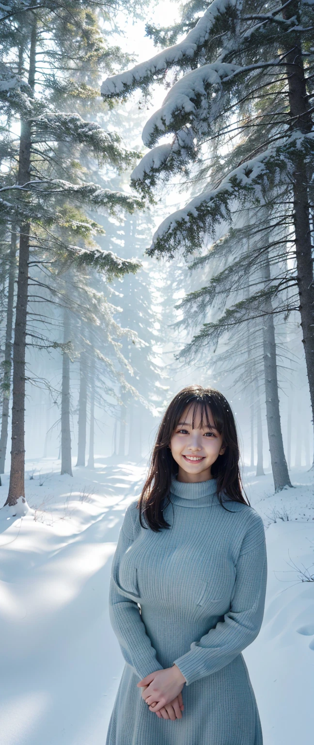 (Highest quality、masterpiece、8K、Best image quality、Hyperrealism、Award-winning works)、1 Girl、(10 year old girl:1.1)、(alone:1.1)、(1 photo:1.1)、(The perfect tight turtleneck knit sweater dress:1.1)、(Standing Elegantly:1.1)、(In a mysterious snowy forest:1.1)、(Mysterious and beautiful snow scenery:1.1)、(A lot of snow has fallen:1.1)、(Mysterious fog:1.1)、(A fantastic and beautiful snowy forest:1.1)、(wood々Beautiful sunlight shining through the gaps:1.1)、(Tyndall effect:1.1)、(It&#39;s snowing heavily:1.2)、(Blizzard:1.1)、Spectacular Cinema Lighting、(Shining beautiful snow:1.2)、(The delicate glow of snow:1.2)、(Full body photo of a woman standing gracefully:1.1)、(Accentuate your body lines:1.1)、(Thick legs:1.3)、(Glamorous Body:1.3)、(Very large breasts bigger than a face:1.85)、(Big Ass:1.3)、(Low length:1.2)、(height: 140cm:1.2)、Accurate anatomy、Perfect Makeup、Long eyelashes、Glossy Lips、Ultra HD glossy skin、(Ultra-high definition, bright and beautiful skin:1.1)、超高精細のGlossy Lips、Ultra-high definition beautiful teeth