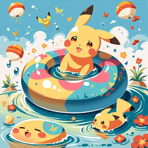 cute scene featuring Pikachu practicing swimming, Pikachu should be in a shallow pool or a calm body of water, looking determine...