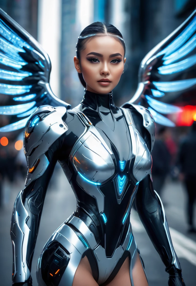 mejor calidad, 8K, muy delicada y hermosa, Textura de piel y rostro altamente detallada], piel brillante, alta resolución, una chica grande con un traje futurista y alas cibernéticas parada en la calle, enfoque nítido